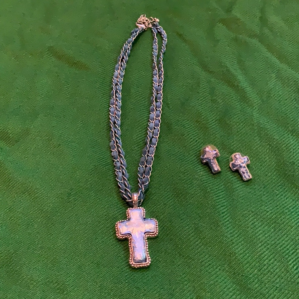 Blue and Silver Cross Necklace and Earring Set
